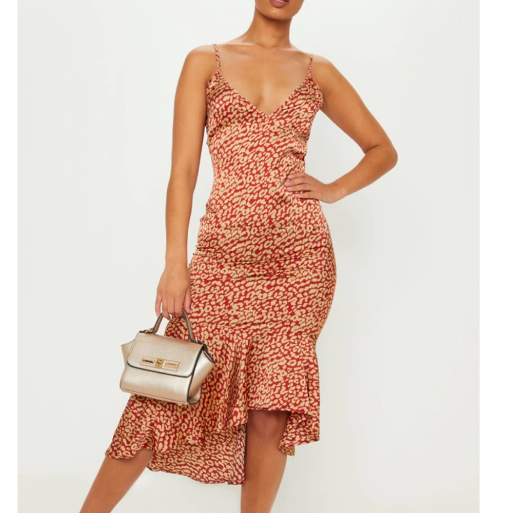 Red Leopard Print Frill Hem Midi Dress Pretty Little Thing
